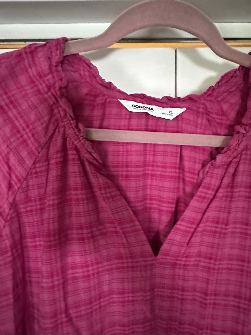 Sonoma Fuchsia Plaid Tiered Short Sleeve Dress - Picture 3 of 9